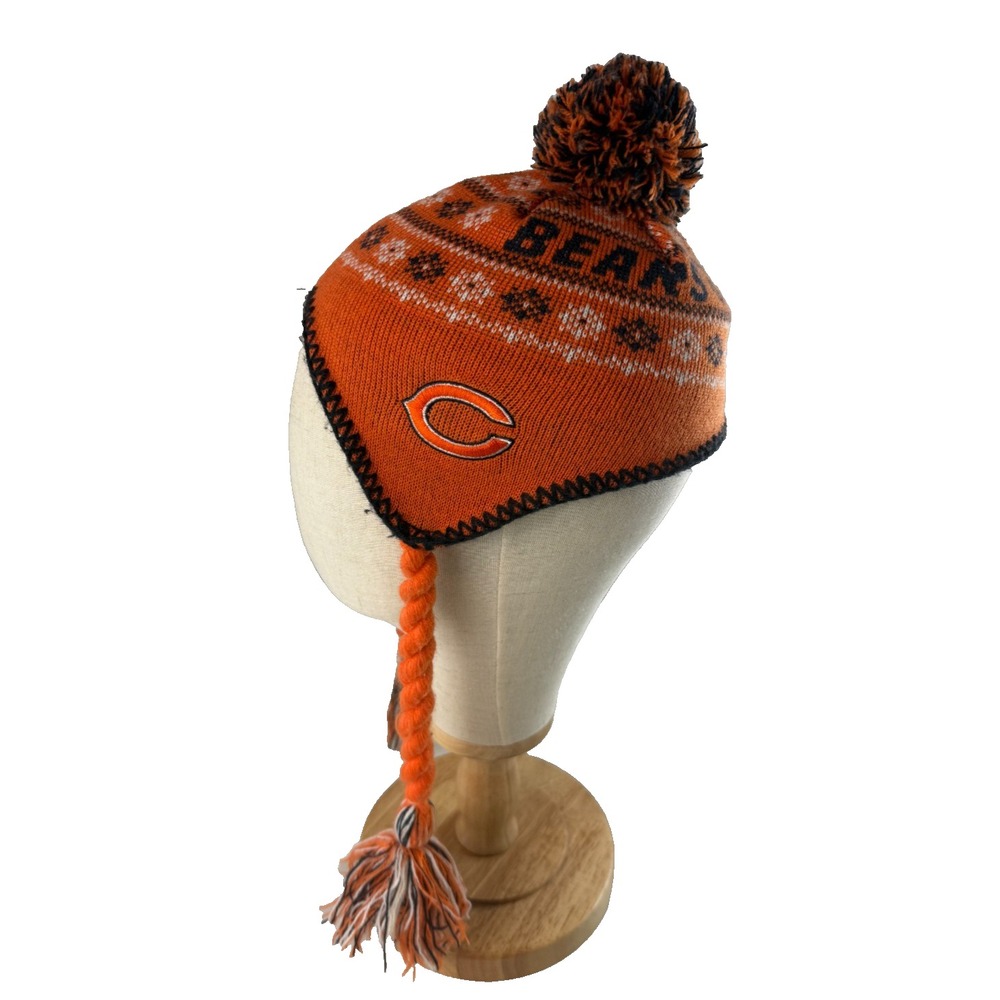 NFL Chicago Bears Kids Youth Orange Knit Trapper Hat Pom Beanie Earflap
